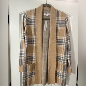 Plaid Open Front Cardigan in Tan and Gray